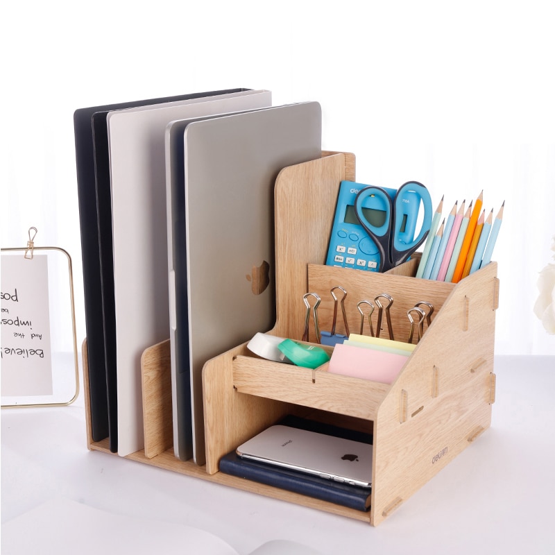 DIY Desktop Wooden Document Tray Storage Box Multifunction Pen Pencil File Holder Office Desk Organizer School Supplies 79250