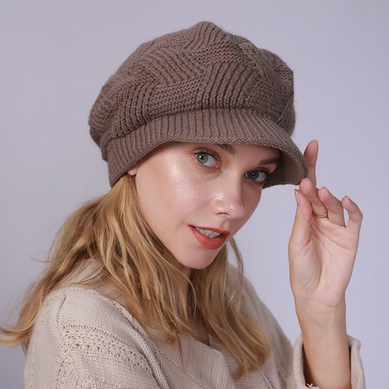 Gorro de punto para mujer, boina de lana de conejo cálida de terciopelo, informal, de , Color sólido, 10 colores, Otoño e Invierno