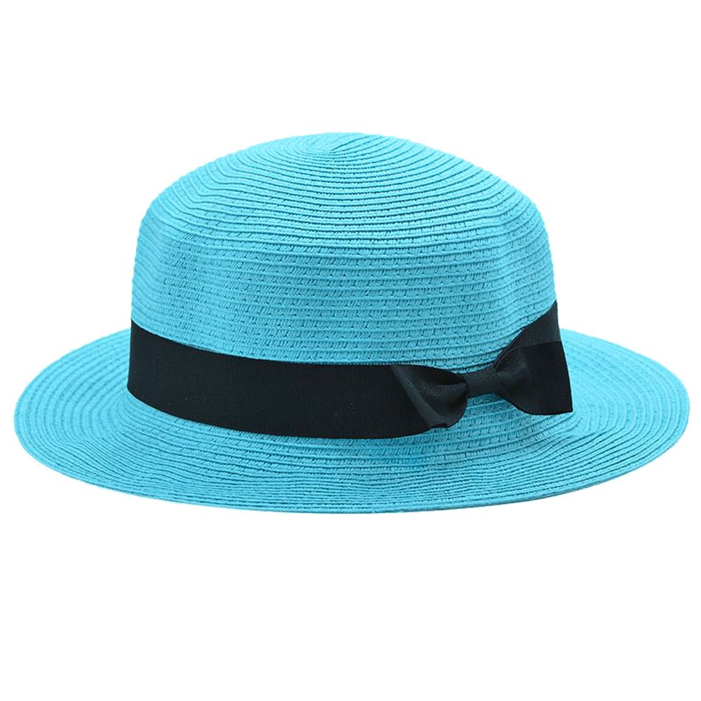 Betoverende opvouwbare unisex strik ronde platte rand strohoed zomer strandpet: Meerblauw