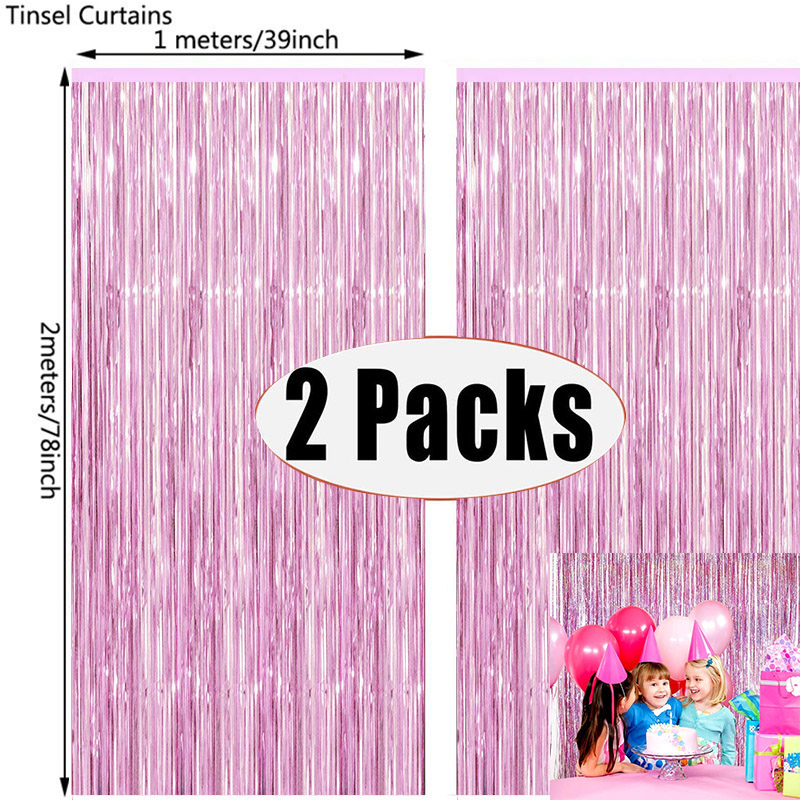 Paquete de 2 cortinas con flecos de oropel de lámina metálica rosa de 1x2m, telón de fondo para cumpleaños, boda, despedida de soltera, decoración para aniversario de adultos