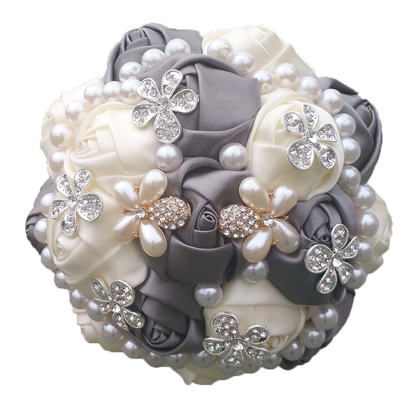 Bouquet de mariage broche diamant de , 15cm, rubans à fleurs de mariage, demoiselle d'honneur, Bouquets de mariage en cristal 8 Styles: W0724 ivory gray