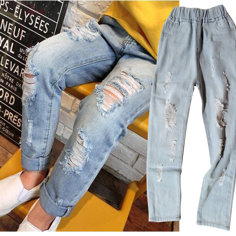nouvelle multicolore trou petite fille jean garçon printemps et été Denim décontracté lâche revers jean enfants pantalons