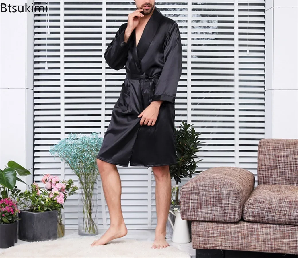 2025 pijamas finos de verano para hombre, batas de casa para hombre, albornoz tipo kimono de manga larga, ropa de dormir de satén de seda negra, ropa de dormir para salón para hombre