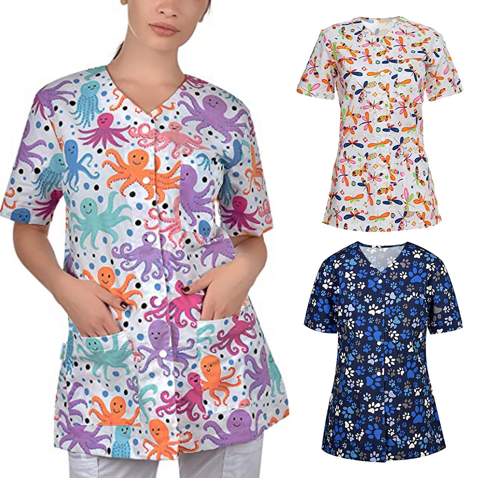 women's uniform hairdresser Short Sleeve V-neck Tops Working Uniform Cartoon Print Blouse all for cosmetologists nurse N50