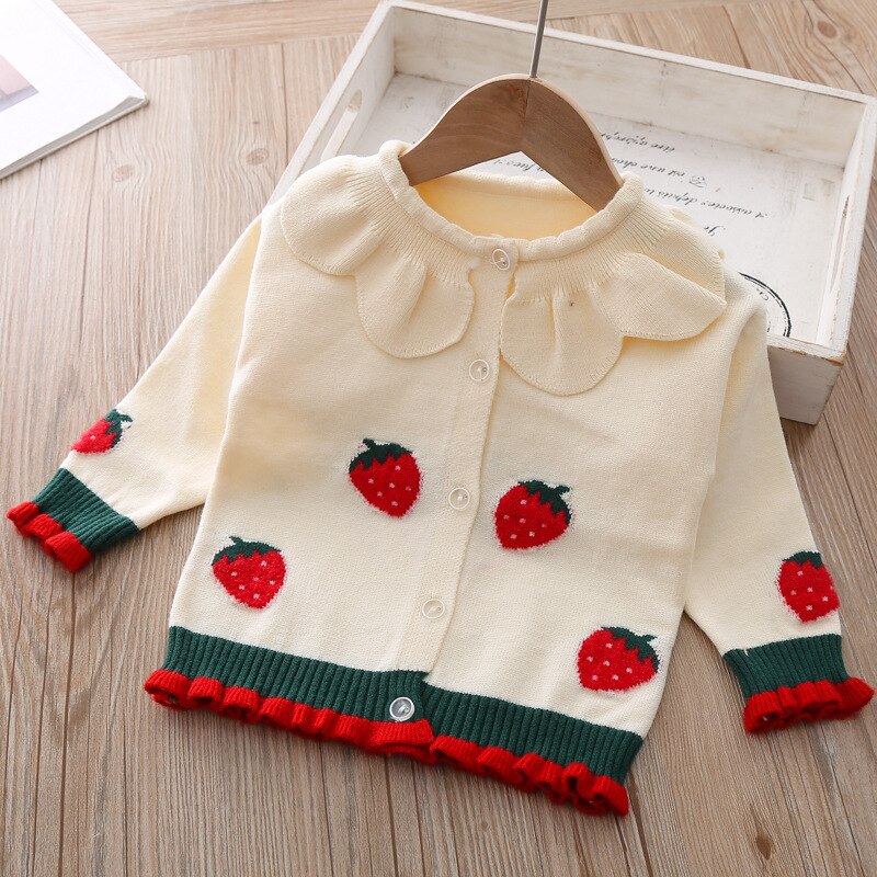 Efterår piger striktrøjer børn søde jordbær cardigans pige sweater: Hvid / 3t