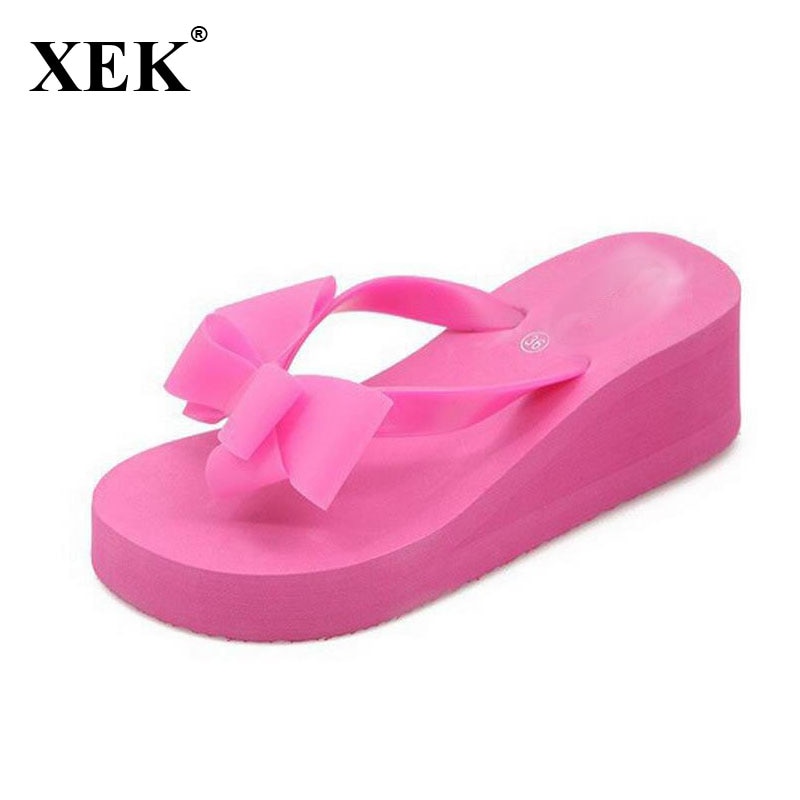 XEK nouvelle été femmes plate-forme tongs à talons hauts sandales de plage pantoufles à nœud papillon femmes chaussures Size36-40 pour le choix WFQ61