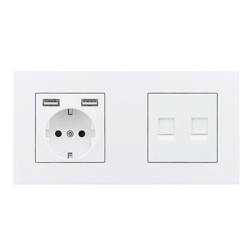 Atlectric DE EU Power Socket Dual USB Charging Port RJ45 TV Television Computer Double Socket Plastic PC Panel Wall Outlet: 1Socket Double Rj45