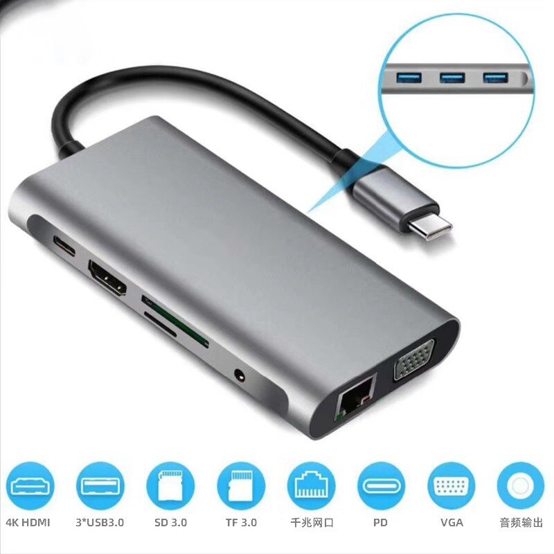 10In1 Type C HUB to 3.0 USB HDMI VGA USB HUB for Pro Accessories USB Splitter Multi 10 Ports USB C Hub Docking Adapter