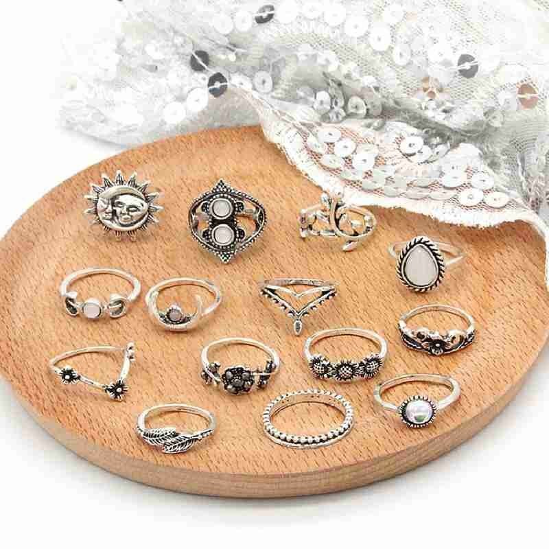 14 Stks/set Moon & Sun Knuckle Opal Set Blad Bloem Hart Kroon Ringen Voor Vrouwen Femme Boho Verklaring Jewelry