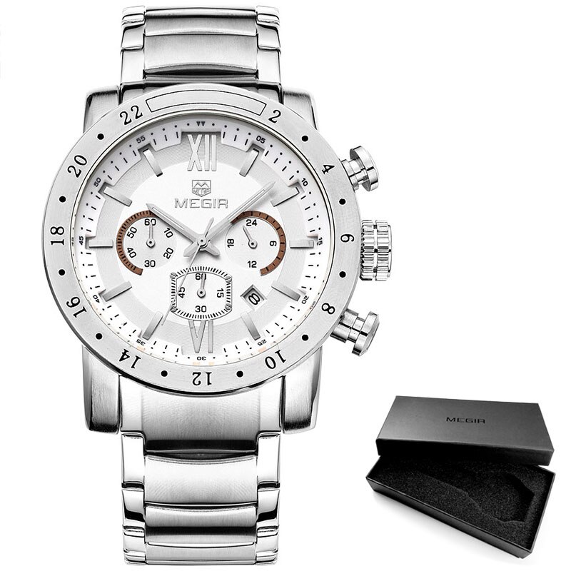 Megir Mode Quartz Horloge Voor Man Waterdichte Lichtgevende Polshorloge Heren Grote Wijzerplaat Horloges 3008: MS3008G-Silver