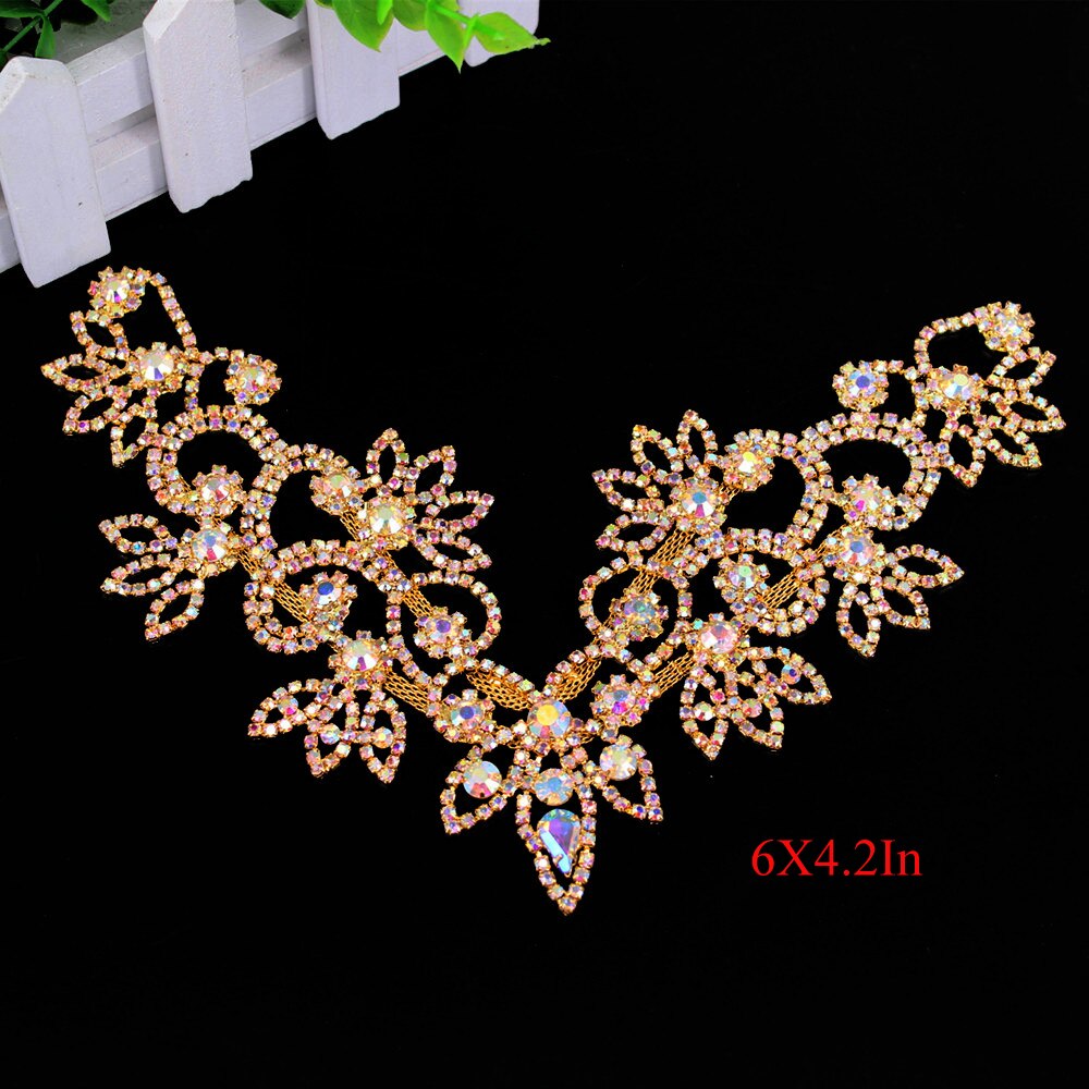 Luxury Handmade Neckline AB Rhinestone Applique Fancy Clothes Flower Applique for Wedding Dress Headband Garter Garment Jewelry: Gold AB 6X4.2In