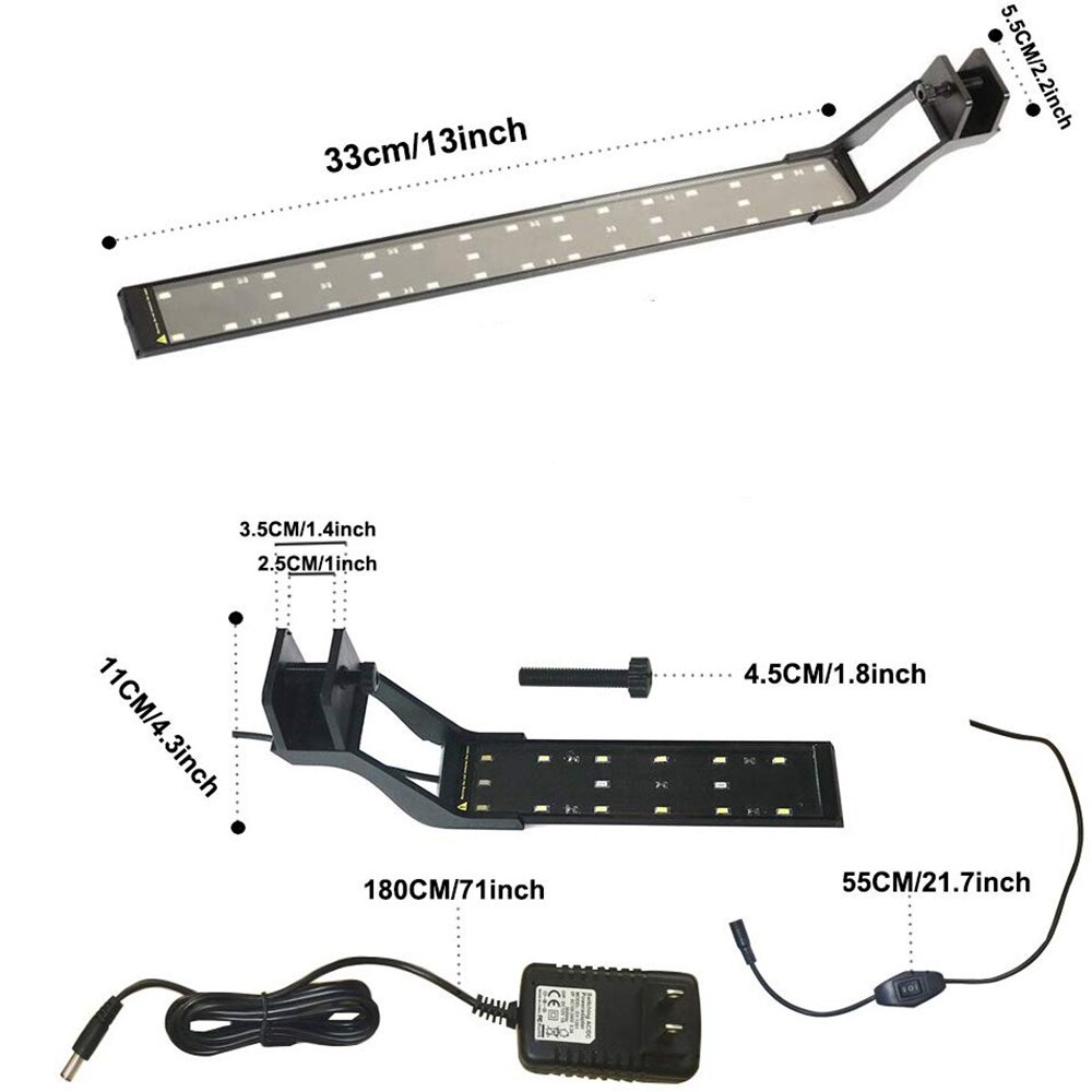 8W Clip-on Aquarium LED Lighting Hood with Extendable Brackets Blue White LEDs for Fish Tank Water Plants Marine Reef Light Lamp