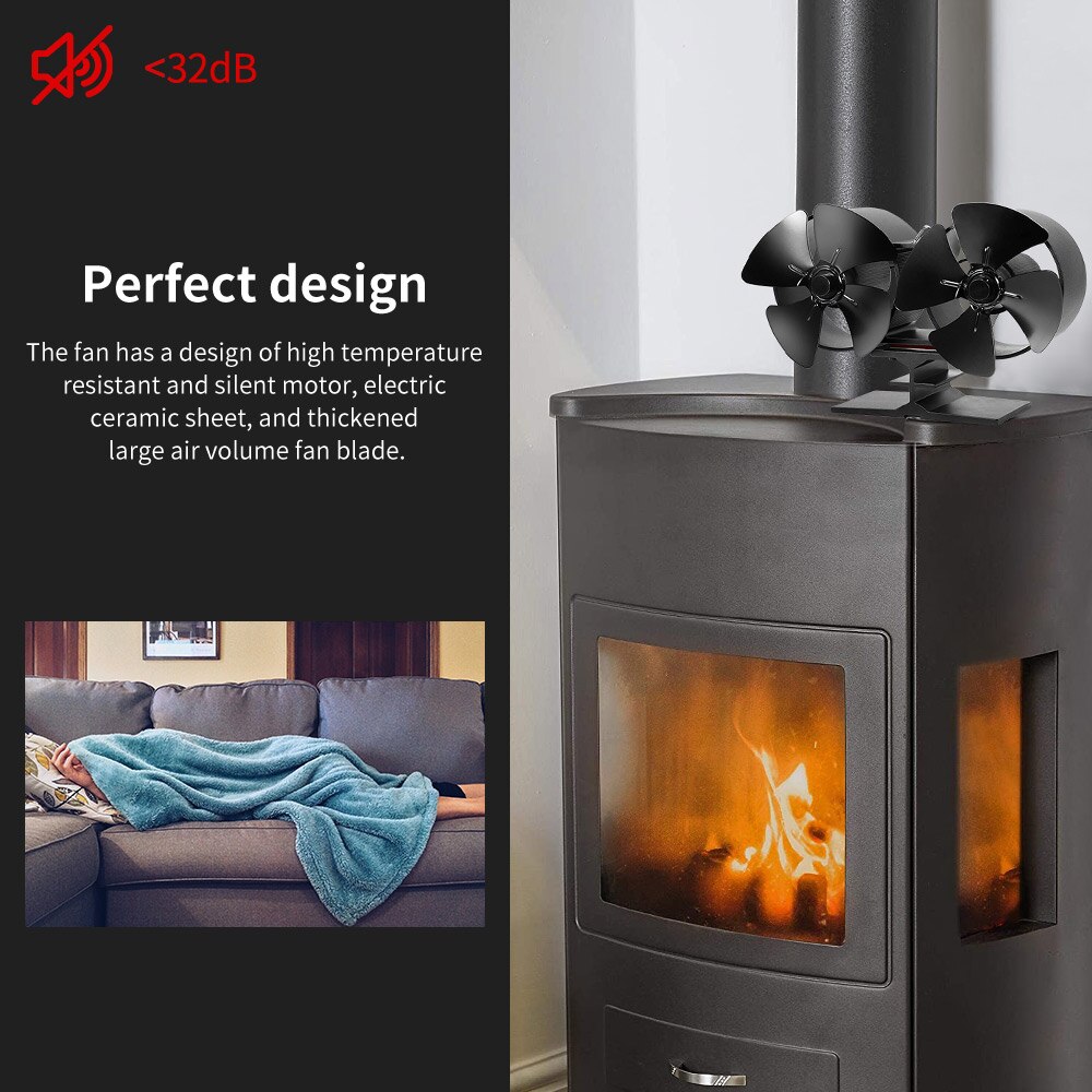 Double Heat Powered Stove Fan Log Wood Burner Fan Quiet Black Home Fireplace Fan Efficient Heat Distribution