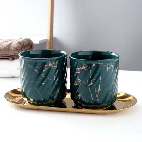 Ceramics 270ml Brushing Cup Simple Style Mouthwash Cup Marble Thread Lotion Bottle Separate Press-type Empty Bottle Couple Suit: B