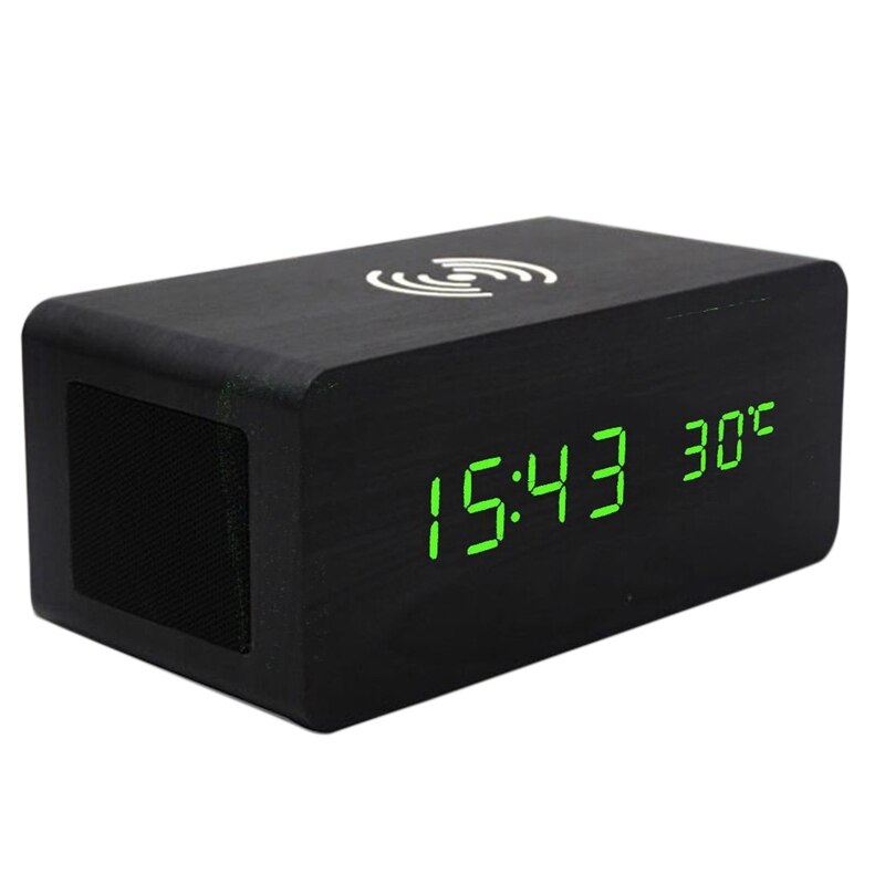 Wood Alarm Clock Bluetooth Speaker Desk USB Digital Clocks LED Wireless Charging Phone Temperature Wooden Table: Black   green