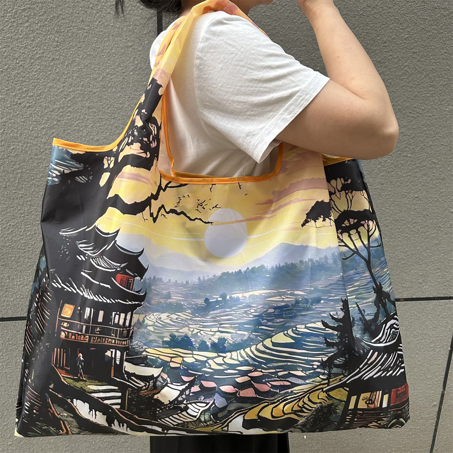 modetas Grote opvouwbare boodschappentas Herbruikbare boodschappenopbergtas Nylon draagbare schouderhandtas voor reiszak Tote: YELLOW