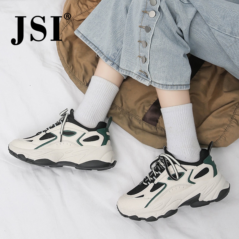 JSI Women Chunky Flat Platform Sneakers Round Toe Lace-Up Mixed Colors Air Mesh Casual Shoes Narrow Band Breathable Sneakers JY2