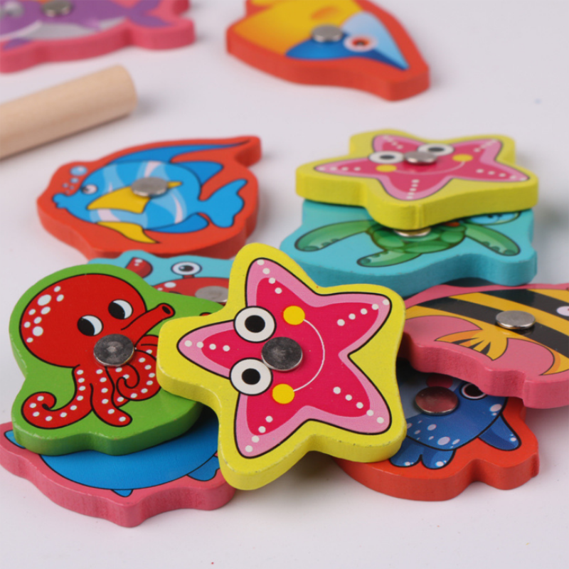 Baby Educational Toys 15Pcs Fish Wooden Magnetic Fishing Toy Set Fish Game Educational Fishing Toy