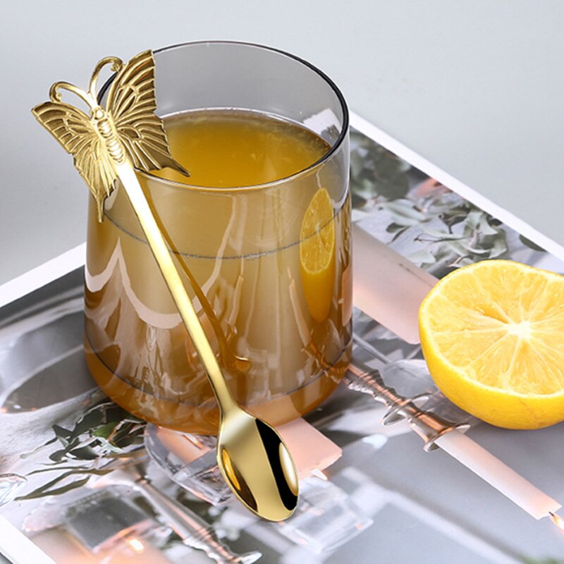 Cuillère à café en acier inoxydable 304, cuillère à café pour Dessert au sucre plaqué or, fourchette à fruits, polissage miroir poignée papillon, vaisselle 1 pièce