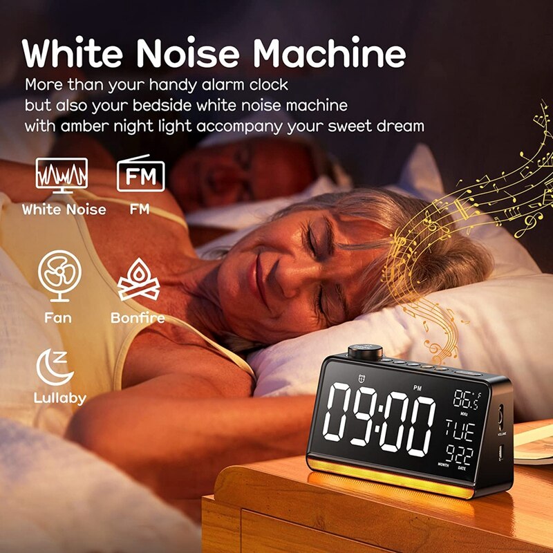 Radio-réveil numérique pour chambre à coucher, 9 pouces, avec chargeur USB, double réveil, 4 fonctions sonores de sommeil