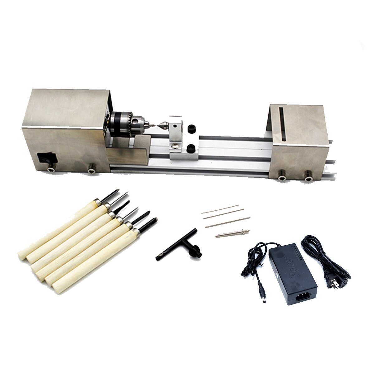 Mini Drehmaschine Perlen Maschine DC12-24V 96W Holz DIY Drehmaschine Standard einstellen mit Energie Carving Cutter Holz Drehmaschine Edelstahl fallen: Withe Energie Adapte