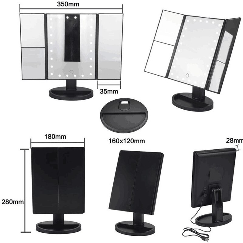 Espejo LED para maquillaje, espejo plegable con luz, 2 veces 3 veces más grande, espejo de relleno, espejo dorado rosa