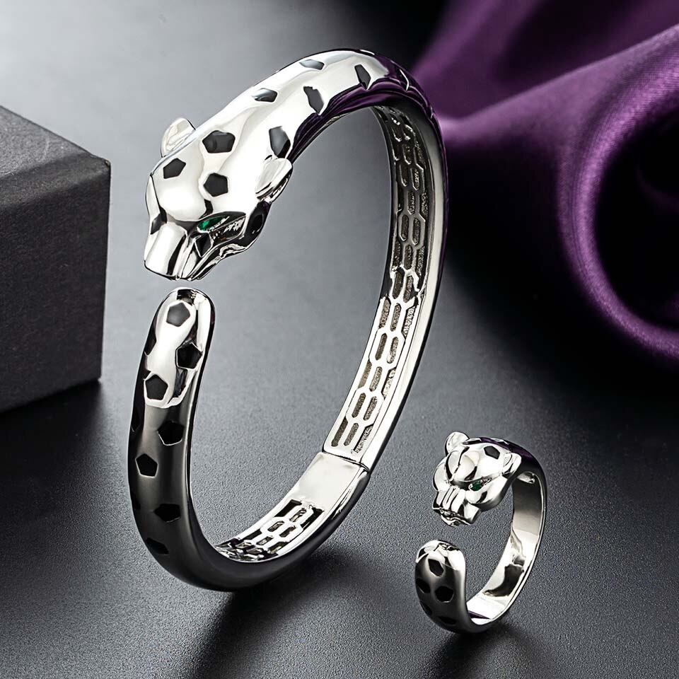 Zlxgirl Statement Punk Black Spots Leopard bangle with Ring set Animal Panther bracelet for Women Party free ship