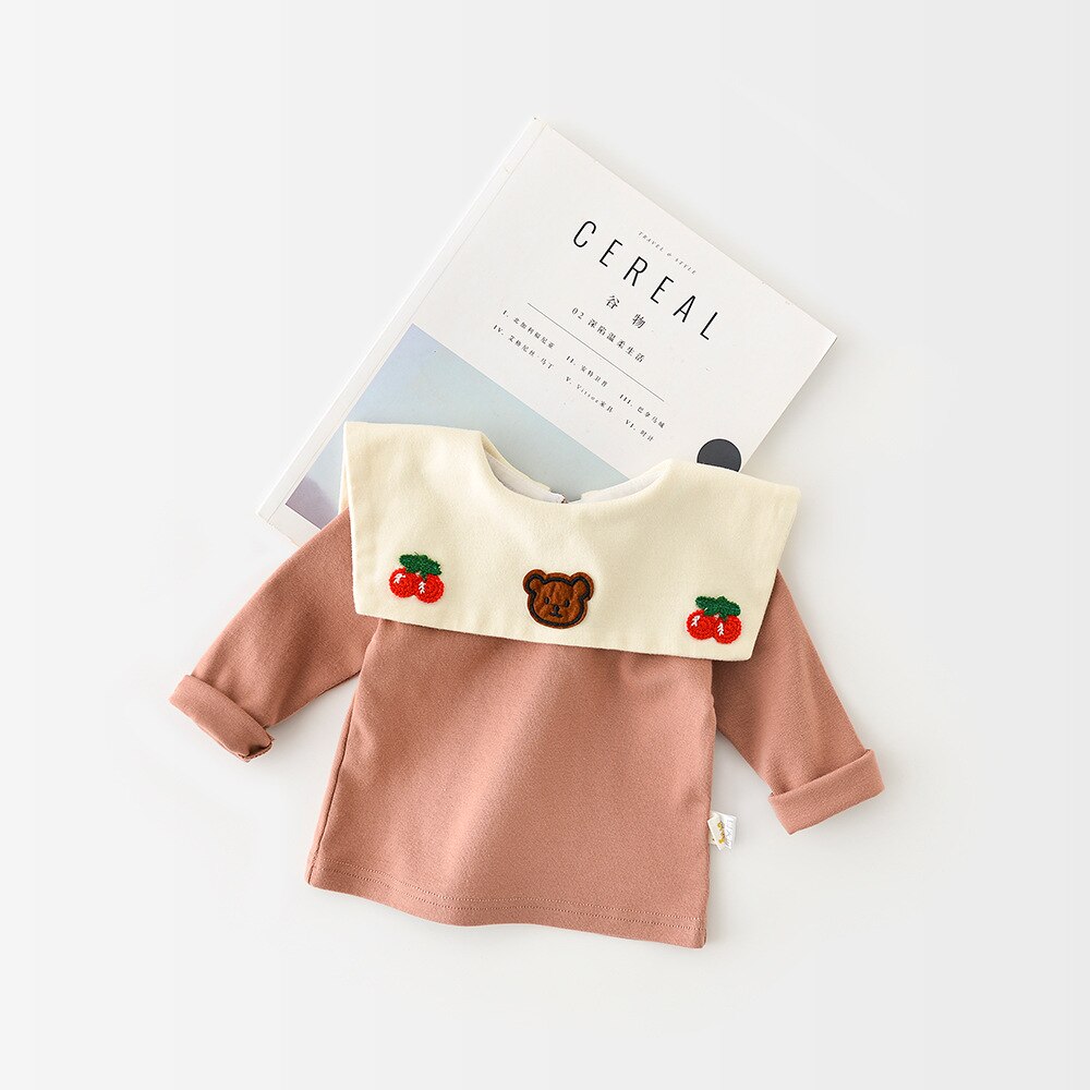 Spring Baby Girls Lapel Collar Long Sleeve Shirt: Brown / 100 Cm