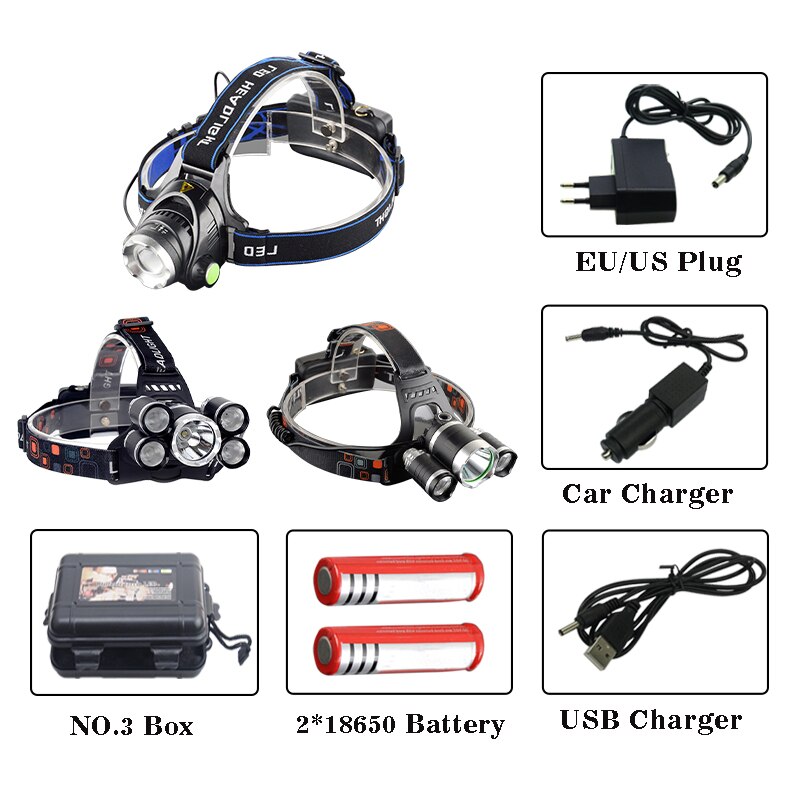 6000 Lumen Koplamp 5 * Led T6 Koplamp 4 Mode Koplamp Oplaadbare Head Lamp Zaklamp + 2*18650 Batterij + Ac/Dc Lader