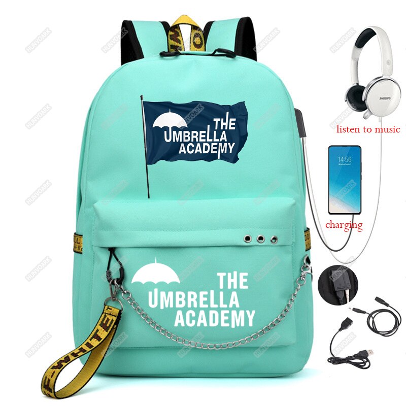 Mochila De La Academia paraguas Usb para hombre y mujer, Bolsa Escolar para ordenador portátil, mochila de viaje, Mochilas de ocio con cadena: Green-5