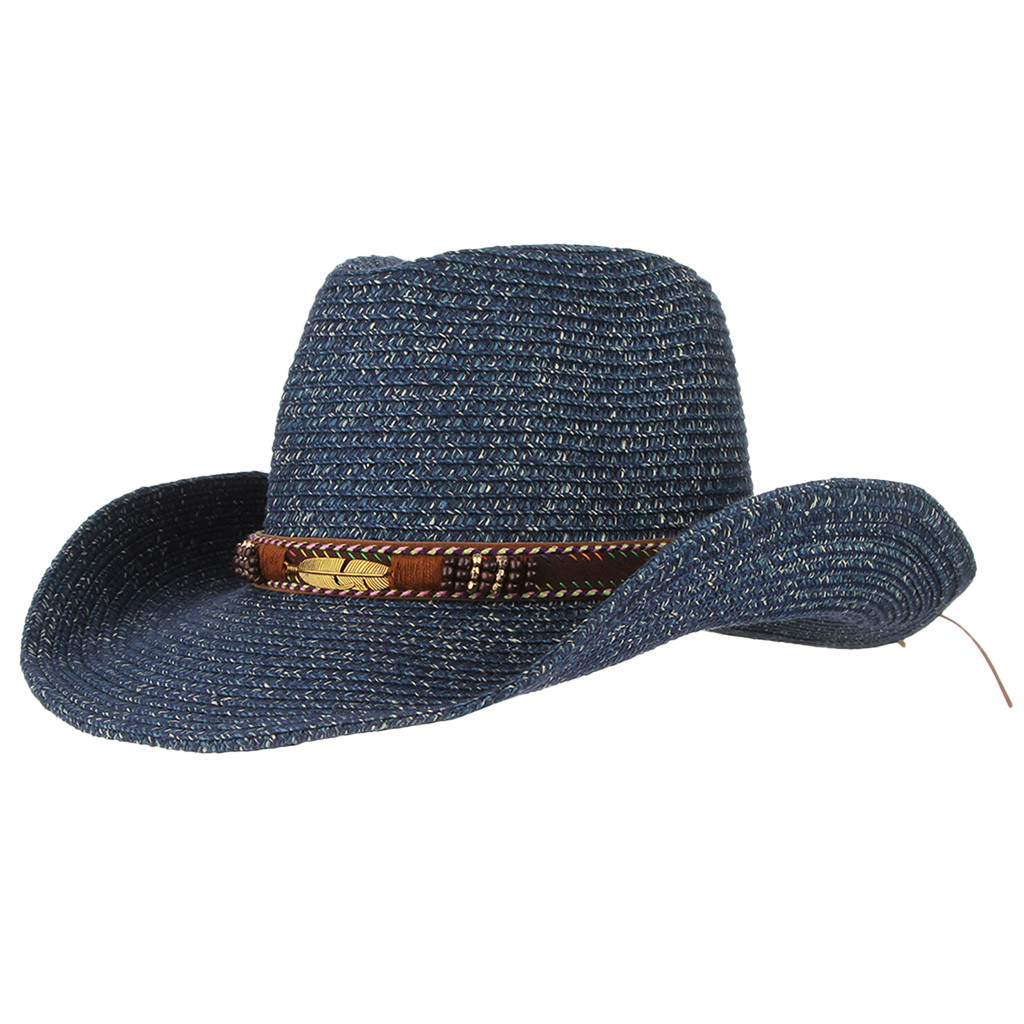 Western Cowboy Hat Sun Hat For Men Cowgirl Summer Hats For Women Lady Straw Hat With Alloy Feather Beads Beach Cap Panama #L5: NY