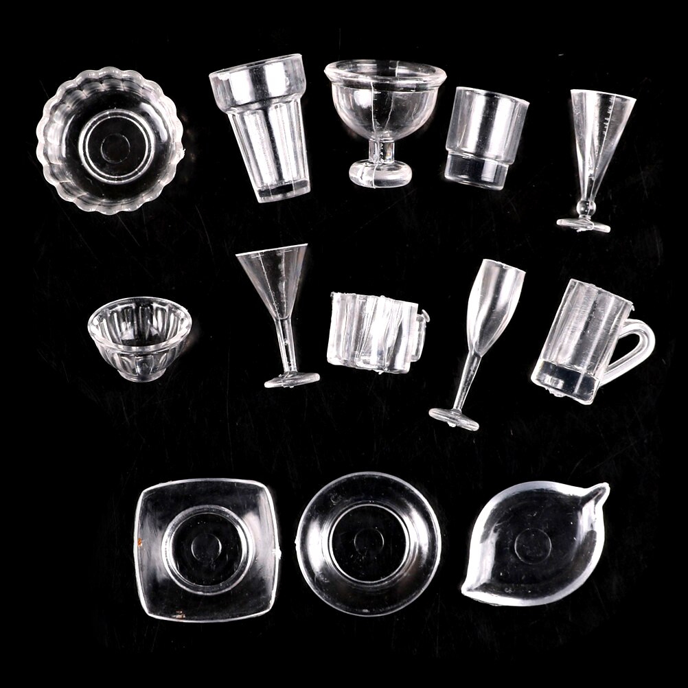 1 Set(13 pcs) Mini Transparent Dish Plate Drink Cups Tableware Miniatures DIY Pretend Play Kitchenware Toy