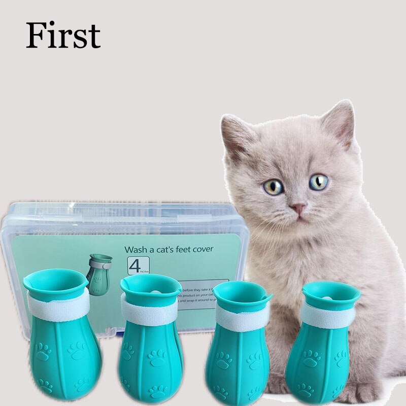 Calcetines de baño de silicona para gatos, antiarañazos, accesorios para mascotas, suministros para perros: First Blue