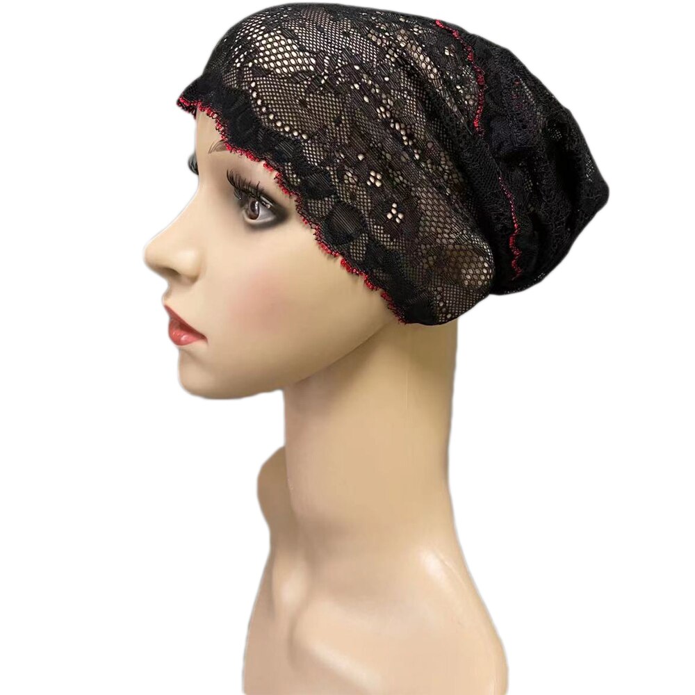 Gorro de tubo de cobertura completa para mujer, gorro interior musulmán con flores de encaje, pañuelo para la cabeza, sombrero islámico árabe, gorrito indio, turbante: 15 Black Red