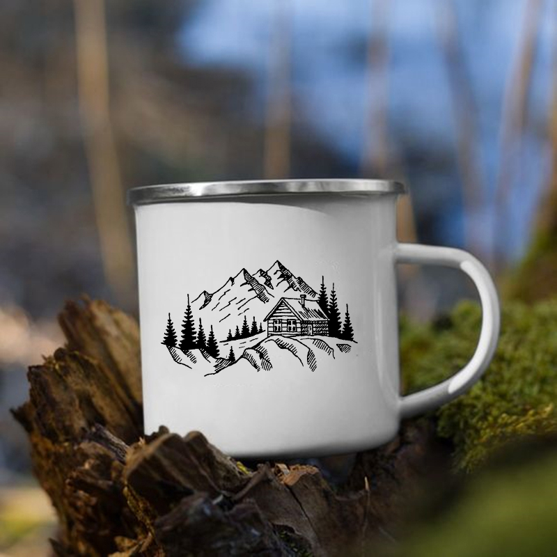 Taza con estampado de bosque y montaña, tazas creativas para café, té, bebidas, agua, desayuno, leche, Camping, senderismo, con asa,: XH1715-A015WH-8