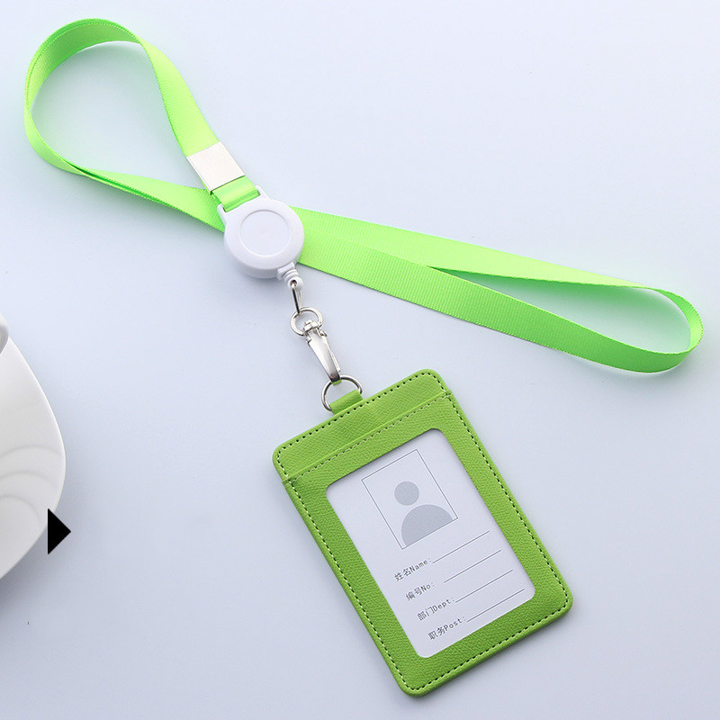 PU Leather Lanyard retractable badge holder ID card holder school lanyards id badge holder horizontal badge holder transparent: green-Vertical style