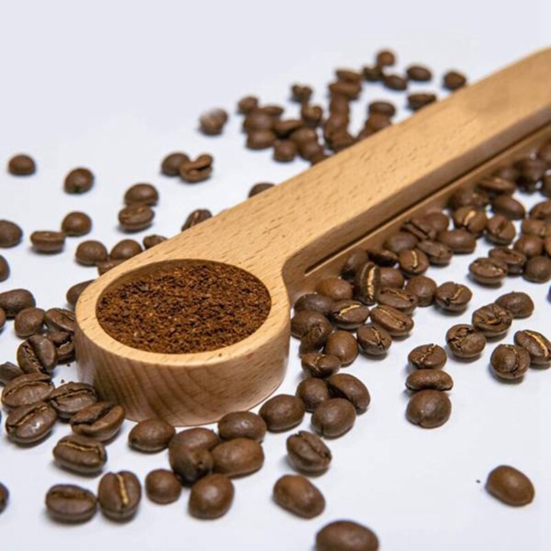 Cuillère à café en bois 2 en 1, 5 pièces, cuillère à mesurer avec pince à sachet, scelleuse cuillère à mesurer pour haricots, expresso café, thé