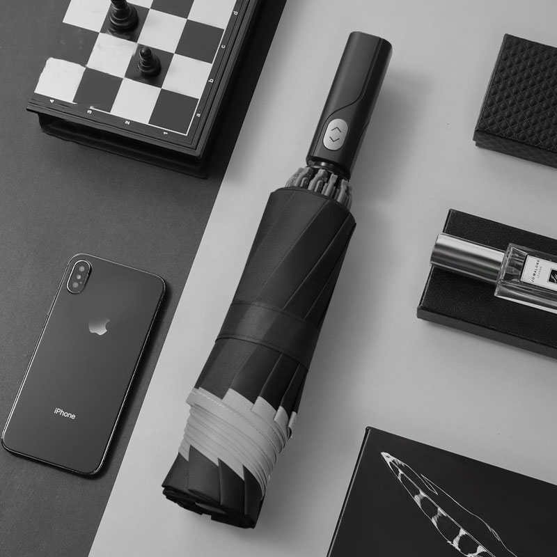 Windproof Automatic Inverted Umbrella 10 Ribs 3Fold Portable Large Reverse Umbrella with Reflective Stripe Umbrella Male Parasol: Black