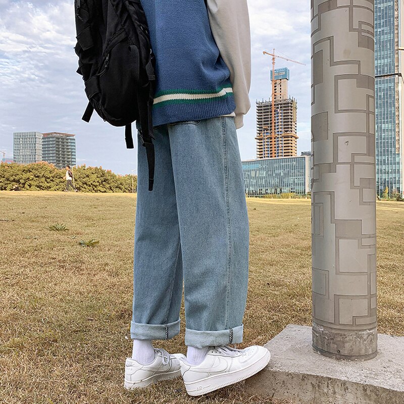 Men Jeans Ankle-length Bandage Fashionable Loose Leisure Korean Style Solid Wide Leg Ins Plus Size S-3XL Students Chic