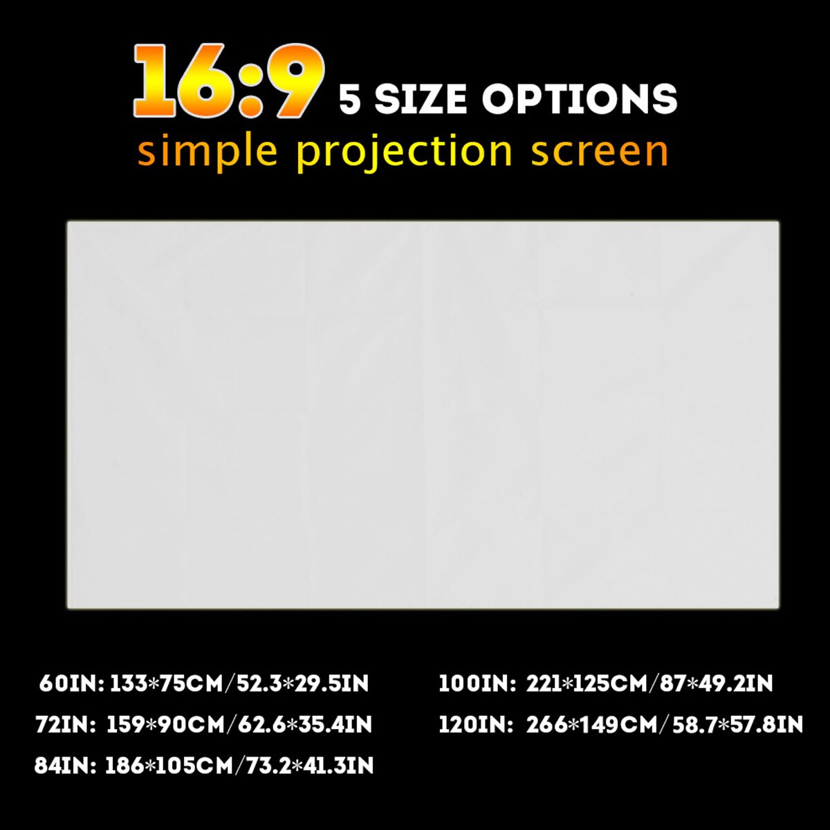 60/72/84/100/120 Inches Black-sided Foldable HD Movie Projector Screen For Projector 16:9 Background Cloth White