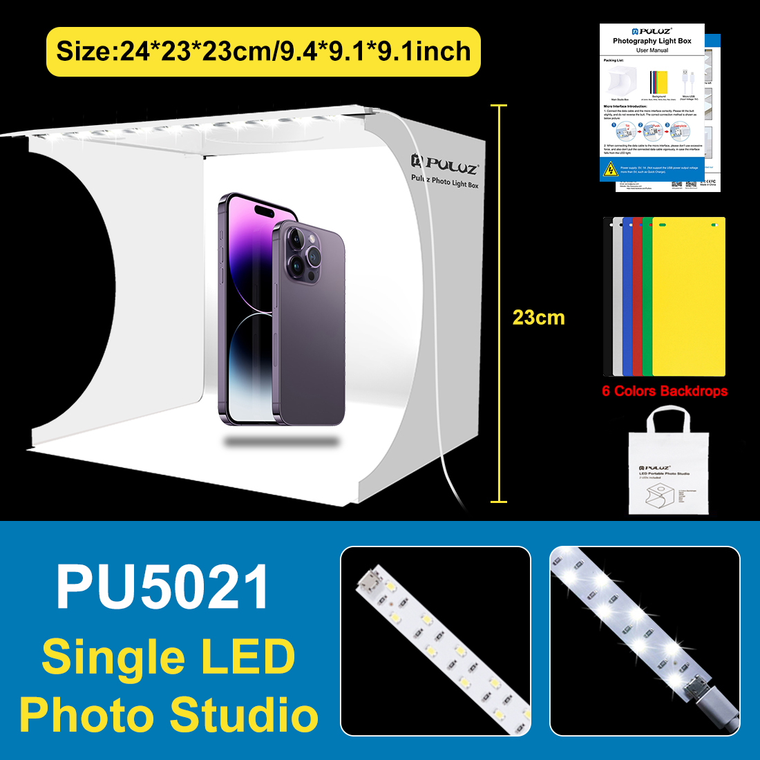 PULUZ Folding Lightbox Tabletop Light box Mini Photo Studio Box Photography Light Studio Shooting Tent Box Kit&6 Color Backdrops: White