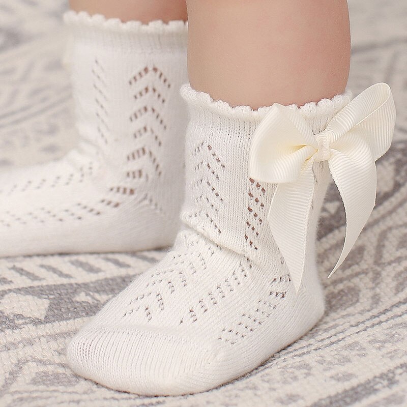 Cute Bowknot Baby Socks Newborn Summer Soft Cotton Baby Girls Socks Solid Color Breathable Kids Mesh Socks: beige