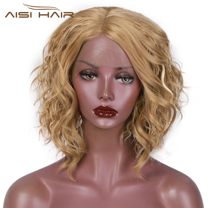 Aisi Haar 10 Inches Gemengde Blonde En Beige Natuur Wave Pruik Synthetische Lace Front Pruik Voor Zwarte Vrouwen Side Deel cosplay Pruik