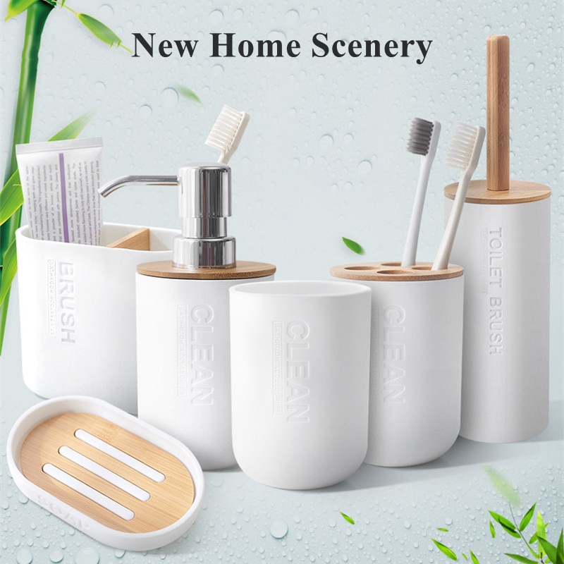 Lot de 5 brosses de toilette en bambou, ensemble de salle de bains, porte-brosse à dents, tasse porte-savon, conteneur distributeur d'émulsion, accessoires de salle de bains