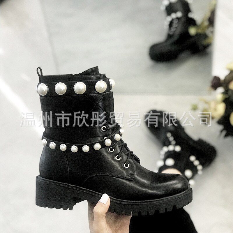 PRETO BRANCO grande taille grande perle bottes chevalier orteil ceinture boucle bottes courtes chaussures pour femmes botte GYY-NC1065: 39