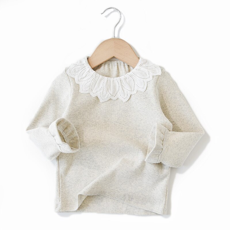 Babymeisjes t-shirt met kanten kraag, kinderblouse voor meisjes, tops, herfstprinsessen, lange mouwen, geribbelde strepen, kindertruien: Beige / 5t