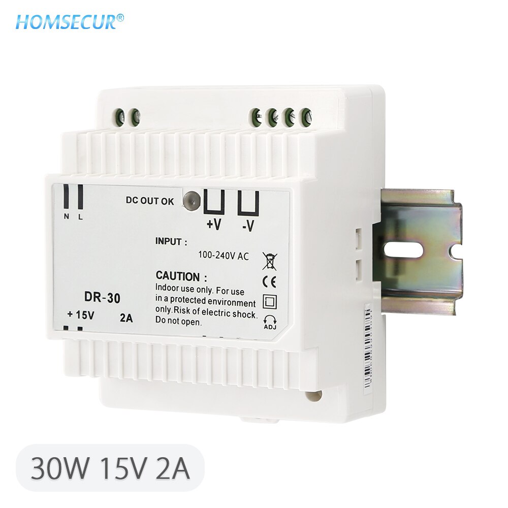 HOMSECUR 15V 30W/60W/90W/120W/150W Din Rail Single Output Switching Power Supply For Video Door Intercom System: DR-30-15