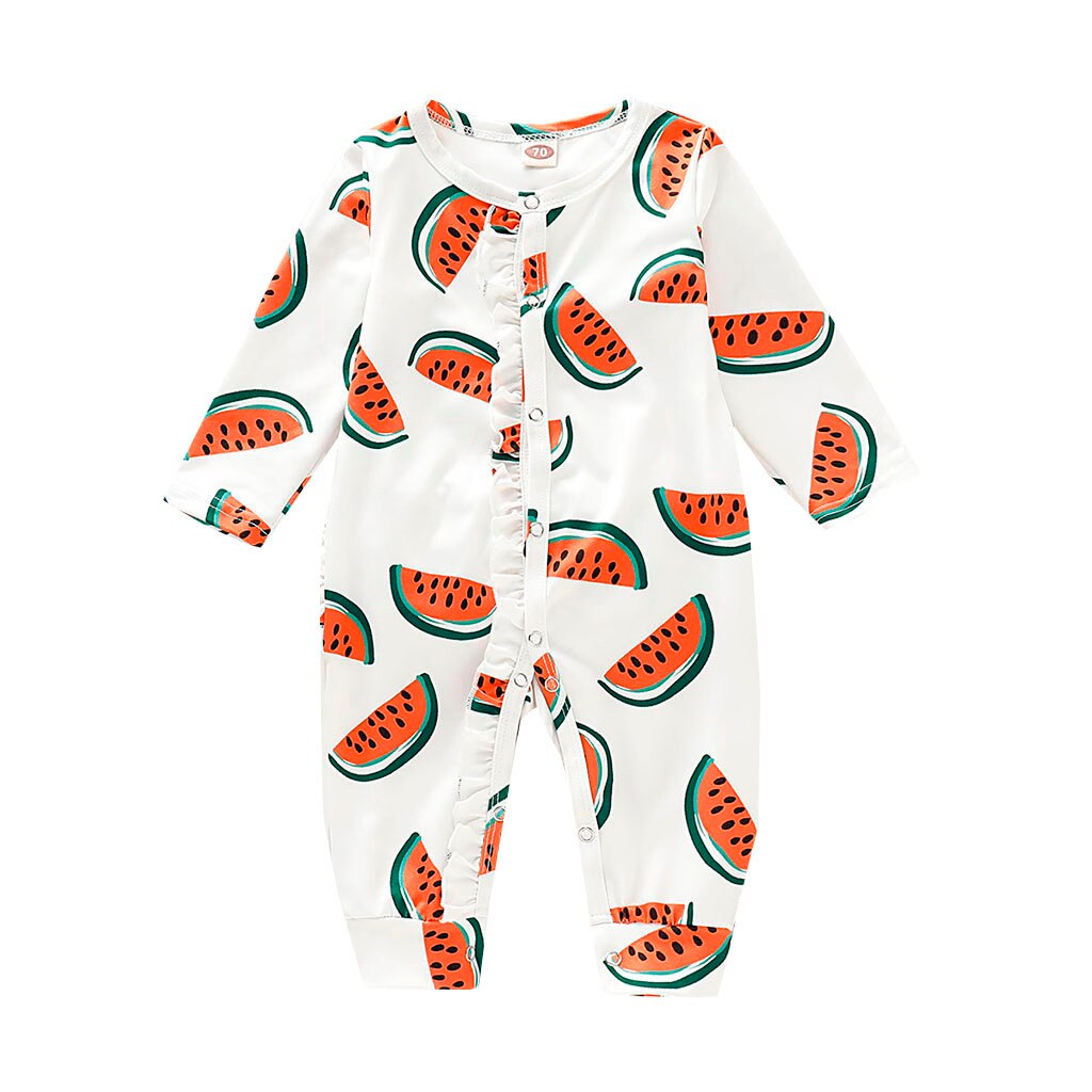 Meninos macacão crianças macacão verão manga longa melancia impressão babados sleepper macacão playsuit roupas 2020: 0-3 Months