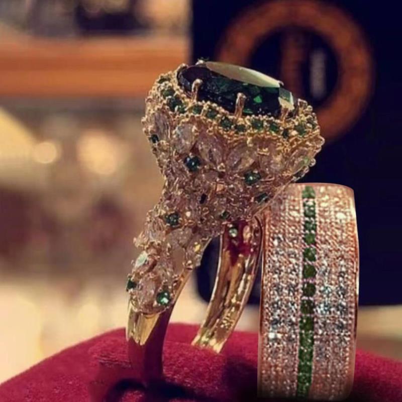 Conjunto de anillos de princesa de lujo para mujer, anillos elegantes de boda con circonita cúbica, accesorios de joyería de boda para pareja: 7 / Verde