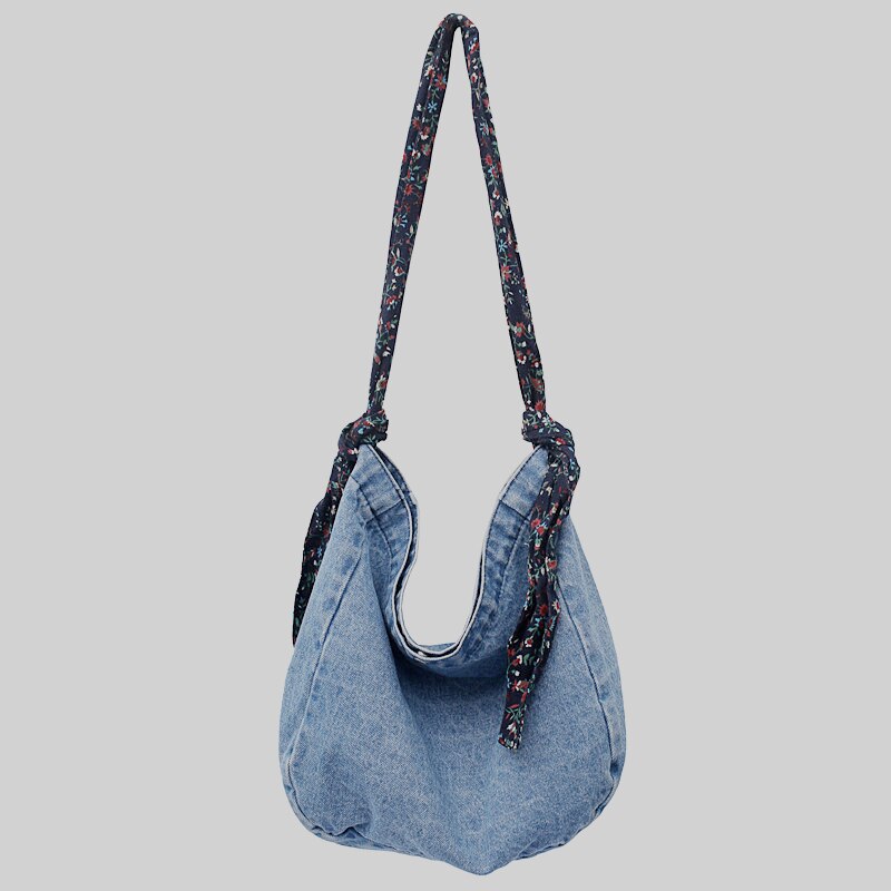 Vrouwelijke Landelijke Denim Hobo Handtas Met Kleine Bloemen Riem Tiener Student Gewassen Jeans Stof Dagelijks Leuke Slouch Messenger Bag